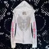 Sudadera con Capucha y Cremallera con Bolsillos Otoñal, Estilo Punk Retro Y2K, Ajustada, Versátil, con Pedrería, Subcultura Transfronteriza Europea y Americana