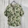 Camisa de Manga Corta con Cuello en V de 3 Botones, Estampado Digital, Paisaje de Carpas 3D Digital con Transferencia de Calor, Transfronteriza Europea y Americana 2024