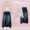Conjunto de Dos Piezas para Niñas 2026 Primavera/Otoño Nuevo Dulce y Lindo Sudadera con Cuello de Muñeca y Pantalones de Mezclilla Casual a la Moda