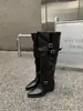 Botas de Couro de Vaca Super Macio de Cano Alto Bico Fino Arredondadas Femininas Salto Grosso Fivela Cano Alto Botas de Equitação Menina Popular Cano Largo Botas Longas