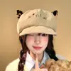 Boina de Pana con Estampado de Leopardo y Orejas de Gato para Mujer, Bonito Sombrero Octogonal para Adelgazar el Rostro para Primavera y Otoño, Sombrero de Artista para Cabeza Grande