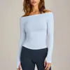Camiseta longa de manga comprida para yoga com ombro à mostra transfronteiriça para mulheres, justa, de secagem rápida, top de manga comprida para esportes, fitness e treino de Pilates