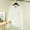 Ropa Exterior Camiseta de Manga Larga de Algodón Modal para Mujer Primavera y Verano Talla Grande con Capucha Cuello en V Holgada Camiseta Básica Color Sólido Pulóver Top Delgado