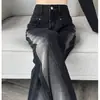 Jeans Feminino Wide Leg com Contraste Degradê Nova Coleção Primavera e Outono 2025 Preto Cinza Cintura Alta Calças Retas