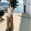 Top Casual Satinado de Cuello Halter con Cuello Oscilante Espalda Descubierta Pantalones Casuales de Cintura Alta Pierna Ancha Teñido Anudado Desgastado