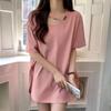 Top Simples com Fenda Média Feminino Verão 2024 Novo Simples Cor Sólida Solto Emagrecedor Manga Curta Camiseta Roupas Femininas