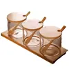 Vidrio Resistente a Altas Temperaturas Tapa de Bambú Frasco para Condimentos Caja de Condimentos de Lado Recto para el Hogar Juego de Tres Piezas Cocina Botella Frasco para Azúcar y Glutamato Monosódico