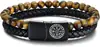 Popular Pulsera Tejida de Estilo Oscuro de Amazon con Piedra Natural Ojo de Tigre y Joyería de Cuero de Doble Capa de Moda para Hombre