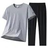 Traje Deportivo Casual de Seda de Hielo para Hombre Verano Conjunto de Dos Piezas para Hombre Pantalones Largos Camiseta de Manga Corta Traje Deportivo para Hombre