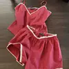Pijama de tirantes a cuadros rojo retro francés para mujer, estilo nuevo de verano, conjunto de ropa para el hogar con chaleco de encaje puro y shorts