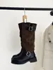 Botas de montar altas vintage de color negro bloqueado para mujer, otoño e invierno, con hebilla de cinturón, tacón grueso, alargan las piernas, por encima de la rodilla, botas largas de nicho