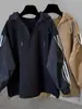 Conjunto de Sudadera con Capucha y Media Cremallera de Empalme a Rayas para Hombre en Otoño Estilo Coreano Moda Casual Tops de Manga Larga para Usar como Conjunto Completo