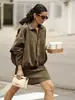 Chaqueta de Aviador Estilo Europeo y Americano para Primavera y Otoño 2025 con Mangas Murciélago, Cierre de Cremallera, Corte Holgado, Textura de Gamuza, Top Casual para Mujer B6