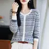 Cárdigan de Punto Estilo Fair Isle Retro para Mujer Chaqueta Corta de Jacquard Rayado Suéter Suelto Adelgazante con Botones