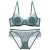 Lencería sexy de encaje transfronteriza, estilo francés de copa fina con diseño de orejas de conejo, conjunto de lencería de encaje para bustos grandes, conjunto de sujetador talla grande