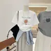 Camiseta de Manga Corta Estilo Dibujo Animado de Algodón Puro para Mujer, Nueva Llegada de Verano, Estampado de Letras que Reduce la Edad, Holgada, Versátil, Top Adelgazante