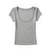 Camiseta feminina estilo americano, manga curta, ombro quente, verão 2024, gola redonda grande, ajuste fino, cor sólida, base elástica simples