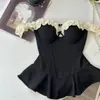 Top Negro Estilo Puro Deseo sin Tirantes Ajustado con Adorno de Volantes
