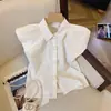 Camisa Azul Feminina Estilo Coreano com Mangas Voadoras Francesas para o Verão Colarinho Polo Design de Camisa Rosa Top Chic