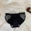 Bragas sexy de chica de deseo puro estilo francés con tirantes finos y lazo, de color liso, de malla y satén, caladas, transpirables, de tiro bajo