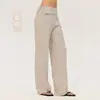 Pantalones casuales anchos y holgados para mujer con botones en el puño, corte relajado, tela fluida, efecto adelgazante, pantalones casuales de pierna recta