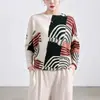 Blusa Feminina Outono 2026 com Design Único, Gola Redonda, Manga Morcego, Camisa de Tricô Pulôver Estampada, Camiseta de Manga Longa Issey Miyake