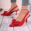 Sapatos de salto alto com bico fino e laço de cetim estilo vintage francês com tira no calcanhar e salto agulha para o trabalho e banquetes, exclusivamente para vendas transfronteiriças
