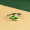 Anillo de plata S925 Rey Ciervo Dorado moda artística plata quemada hojas azules hojas de bambú anillo abierto de bambú anillo femenino regalo