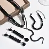 Moderna Dulce-Cool de Gama Alta Juego de Tres Piezas de Aretes, Collar y Pulsera Geométricos Negros con Flecos de Pedrería Eu Joyería Ecológica