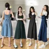 Foto Real de Falda de Peto de Mezclilla, Vestido de Longitud Media para Mujer, Azul Oscuro, Azul Claro, Gris, Retro, Nostálgico, Otro