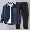Novo terno de linho para homens de comércio exterior transfronteiriço: conjunto de duas peças de algodão e linho, tamanho grande, camisa de cor sólida + calça casual reta
