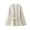 AliExpress Transfronteiriço Mais Vendido 2026 Primavera Novo Versátil Casual Gola V Decoração com Cinto Cintura Marcada Casaco de Lã Dupla Face
