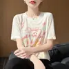 Camiseta de Manga Corta de Punto Transpirable para Verano con Estampado Floral Redondo, Camiseta Base Suelta para Mujer, Dibujos Animados, Rejuvenecedora