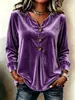2026 Nuevo Top Camiseta de Terciopelo de Manga Larga con Botones y Cuello en V Elegante para Mujer, Sitio Independiente de Amazon Transfronterizo Europeo y Americano para Mujer