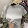 Camiseta Básica de Algodón Puro de Manga Corta Color Amarillo Claro Sencilla de Hombro Normal para Mujer Verano Ajuste Delgado Elástica Favorecedora Color Sólido Cuello Redondo