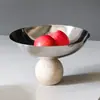 Estilo Wabi-Sabi Imitação de Travertino Bola Alta Prato de Frutas Ornamento Nórdico Luxo Leve Aço Inoxidável de Alta Qualidade Tigela de Frutas Ornamento para Mesa de Café