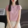 2025 Primavera e Verão Novo Tencel Lã Gola Redonda Tricô Camiseta Manga Curta Feminina Cor Pura Pulôver Camiseta Básica Top