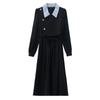 Foto Real do Novo Estilo Outono 2026 Viajante da Noite Azul Vestido de Primavera Estilo Francês Falso Duas Peças para Mulheres Vestido de Inverno