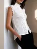 Camisa sin mangas de encaje con cuello alto para mujer, top chaleco de encaje calado vintage, blusa de corte ajustado con pliegues y un solo botón