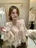 AS OFFICIAL Otoño Mujer Estilo Francés Suave Encaje Patchwork Versátil Adelgazante Cuello en V Manga Larga Blusa 28676