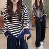 Suéter con capucha de punto a rayas de manga larga para mujer Otoño Invierno Pulóver Suéter con media cremallera Sudadera Top adelgazante