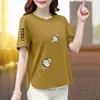 Comércio Exterior Transfronteiriço~Camiseta Estampada Elegante de Manga Curta de Alta Qualidade para Mulheres, Roupa para Mãe de Meia-Idade e Idosa, Gola Redonda, Top Emagrecedor e Versátil
