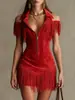 2026 Nuevo Vestido Transfronterizo Y2K Retro Americano de Gamuza con Borlas Hombros Descubiertos Estilo Occidental Vestido Corto Ceñido a la Cintura para Chica Popular