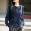 Cardigan básico de cashmere escovado, peça única sem costura, gola redonda, para mulheres, jaqueta suéter de tricô de lã versátil, quente