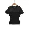 Camiseta Feminina de Verão Estilo Coreano Branca com Laço Vazado em Tricô de Seda Gelada Manga Curta, Modelo Hot Girl, Ombros Normais, Caimento Ajustado, Cropped