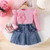 Traje Europeo y Americano Transfronterizo de Amazon para Niños Otoño Nuevo Estilo Conjunto de Mezclilla Lavada con Top de Manga Larga y Lazo