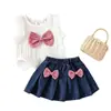 Conjunto de Verano sin Mangas para Niñas de 26: Conjunto de Dos Piezas para Bebé Niña: Top a Cuadros con Lazo Dulce y Lindo y Falda plisada de Mezclilla