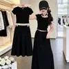 Conjunto Cinza Estilo Francês Novo para Meninas 2026, Vestido Longo Simples de Manga Curta, Conjunto de Duas Peças Slim Fit para Crianças Maiores, Moderno e Elegante