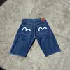 Shorts Jeans Bordados com Letras Hip-hop Retro Estilo Americano Y2K Masculino Cintura Alta Casual Versátil Jeans de Cinco Pontos