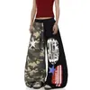 Calça de moletom com estampa de camuflagem color-blocking patchwork estilo americano, bainha curva, unissex, design outono e inverno, calça larga solta, moderna